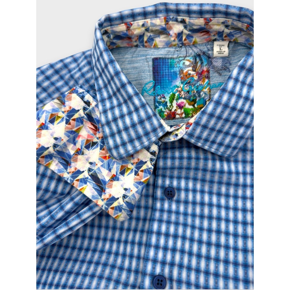 Robert Graham Button Front Shirt Mens L Blue Excellent Checkered Mosaic Cuffs
